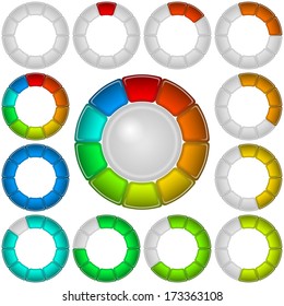 Set of round glass colorful loading progress bars of rings at different stages, elements for web design. Eps10, contains transparencies. Vector