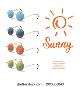 A set of round glasses for the sun. Retro style. Sun logo with text. Vector illustration for showcase, design, advertising, trade background.