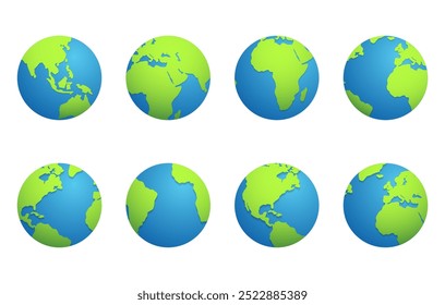 Set of round globes isolated on white background. Earth globe 3d icon. Planet Earth Collection. Vector illustration