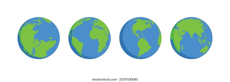 Set of round globes isolated on white background. Flat Earth Planet icon. Vector illustration