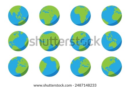 Set of round globes isolated on white background. Flat Earth Planet icon. Vector illustration