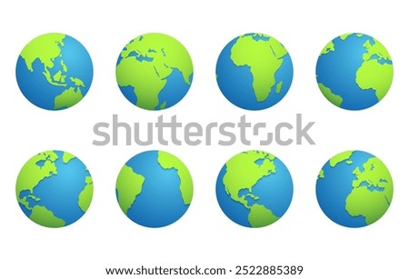 Set of round globes isolated on white background. Earth globe 3d icon. Planet Earth Collection. Vector illustration
