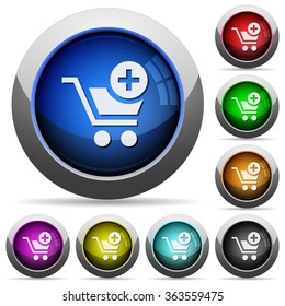 Set of round glossy Add to cart buttons. Arranged layer structure.