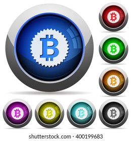 Set of round glossy Bitcoin sticker buttons. Arranged layer structure.