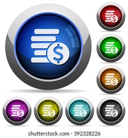 Set of round glossy dollar coins buttons. Arranged layer structure.