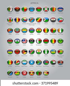 Set of round glossy flags of all sovereign countries of Africa with captions in alphabet order.  Vector illustration