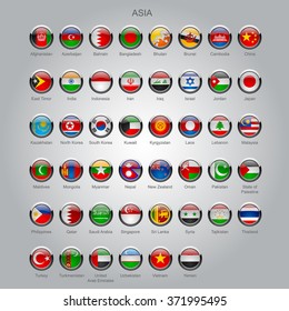 Set of round glossy flags of all sovereign countries of Asia with captions in alphabet order.  Vector illustration