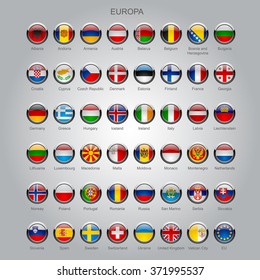 Set of round glossy flags of all sovereign countries of Europa with captions in alphabet order.  Vector illustration