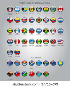 Set of round glossy flags of all sovereign countries of North and South America continents and Oceania with captions in alphabet order.  Vector illustration