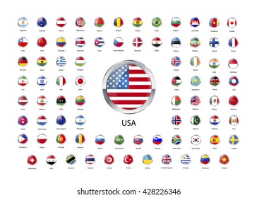 Set Of Round Glossy Icons With Metallic Border Of Flags Of World Sovereign States Isolated On White