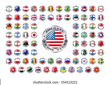 Set of round glossy icons with metallic border of flags of world sovereign states and text country of origin