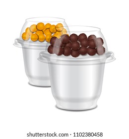 Set Of Round Glossy Plastic Pot For Sour Cream, Yogurt, Jam, Dessert. With Topper With Chocolate Crunchies. Realistic Packaging Mockup Template For Your Design