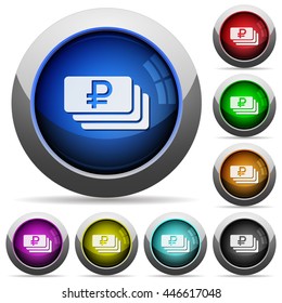 Set of round glossy Ruble banknotes buttons. Arranged layer structure.