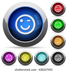 Set of round glossy Winking emoticon buttons. Arranged layer structure.