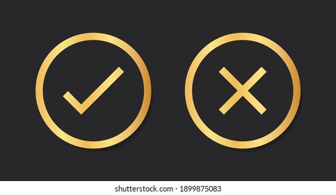 Set of round gold buttons with a check mark and a cross symbolizing a positive and negative assessment isolated on a black background. Vector illustration