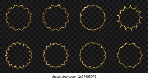 Set of round gold frame with glitter and stars. Golden light ring on transparent background. Abstract backdrop for award or celebration design.