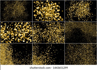 Set of Round Gold Glitter Texture Isolated on Black. Amber Particles Color. Celebratory Background. Golden Explosion of Confetti. Vector Illustration, EPS 10.