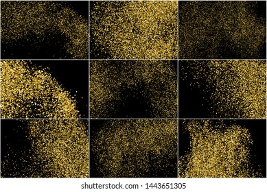 Set of Round Gold Glitter Texture Isolated on Black. Amber Particles Color. Celebratory Background. Golden Explosion of Confetti. Vector Illustration, EPS 10.
