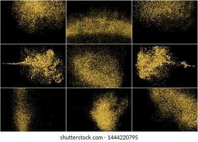 Conjunto de textura redonda de barniz de oro aislada en negro. Color de partículas ámbar. Antecedentes de celebración. Explosión dorada de Confetti. Ilustración vectorial, EPS 10.