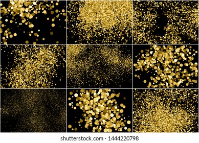 Set of Round Gold Glitter Texture Isolated on Black. Amber Particles Color. Celebratory Background. Golden Explosion of Confetti. Vector Illustration, EPS 10.