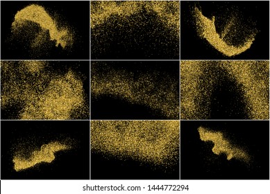 Set of Round Gold Glitter Texture Isolated on Black. Amber Particles Color. Celebratory Background. Golden Explosion of Confetti. Vector Illustration, EPS 10.