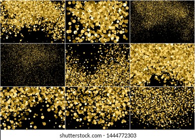 Set of Round Gold Glitter Texture Isolated on Black. Amber Particles Color. Celebratory Background. Golden Explosion of Confetti. Vector Illustration, EPS 10.