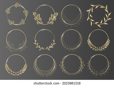 Set of round, gold laurel wreaths. Vector logo design made from leaves. Vintage Collection of vintage round badges of laurel branches, spikelets. Decorative items. Ancient Greek coat of arms.	