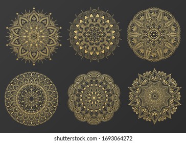 Set of round gold ornament mandala. Mandala with floral patterns. Yoga template. Vector illustration