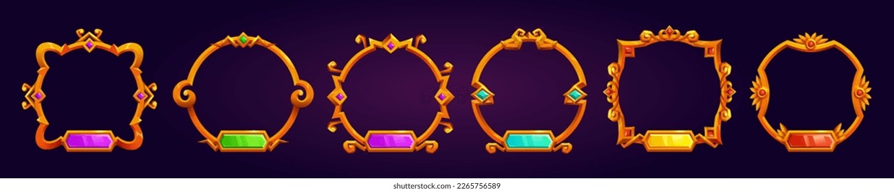 Set of round golden avatar frames isolated on background. Vector cartoon illustration of fantasy borders decorated with shiny metal ornament and colorful gemstone nameplates. Gui design elements