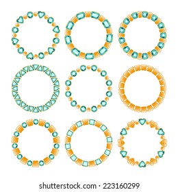 Set of round golden chain frames with emeralds. Green gemstones. Elements for design