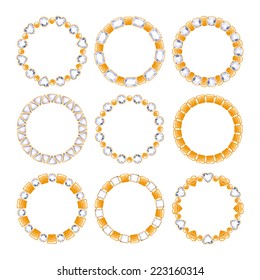Set of round golden chain frames with diamonds. White gemstones. Elements for design