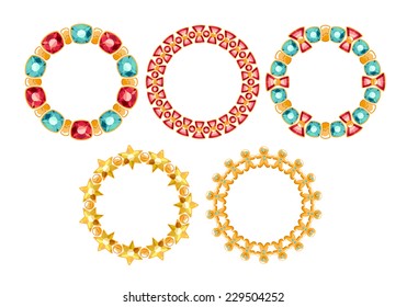 Set of round golden chain frames with rubies, emeralds, beryls. Colorful gemstones. Christmas design.
