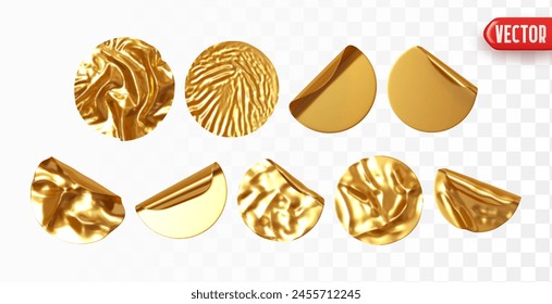 Set of round golden flat paper stickers gradient foil film. Realistic design gold round sticker label template isolated background. Collection mockup price tag sale. Vector illustration