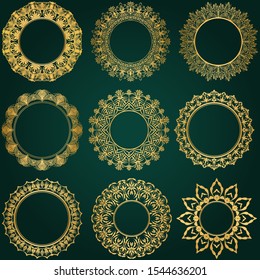 Set of round golden frames. Nine luxurious lace openwork frames for photos, mirrors, paintings on a green background. Vector