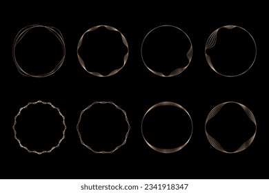 Set of round golden frames on a black background, golden elements in art deco style. Vector abstract linear objects.