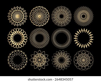 Set of round golden mandalas on black background. Vector illustration