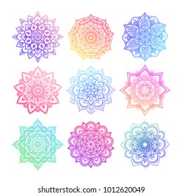 Set of round gradient mandala on white isolated background. Vector hipster mandala in green, red, blue, violet and pink colors. Mandala with floral patterns. Yoga template.