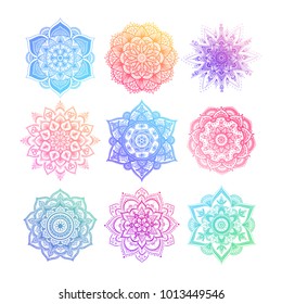 Set of round gradient mandala on white isolated background. Vector hipster mandala in green, red, blue, violet and pink colors. Mandala with floral patterns. Yoga template.