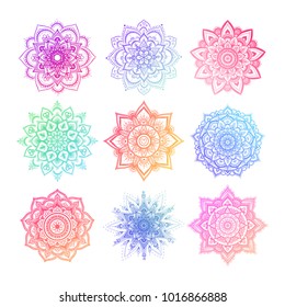 Set of round gradient mandala on white isolated background. Vector hipster mandala in green, red, blue, violet and pink colors. Mandala with floral patterns. Yoga template.