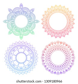 Set of round gradient mandala on white isolated background. Vector hipster mandala in green, red, blue, violet and pink colors. Mandala with floral patterns. Yoga template. - Vector