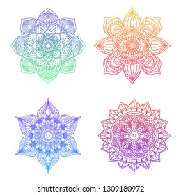 Set of round gradient mandala on white isolated background. Vector hipster mandala in green, red, blue, violet and pink colors. Mandala with floral patterns. Yoga template. - Vector