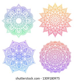 Set of round gradient mandala on white isolated background. Vector hipster mandala in green, red, blue, violet and pink colors. Mandala with floral patterns. Yoga template. - Vector