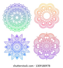 Set of round gradient mandala on white isolated background. Vector hipster mandala in green, red, blue, violet and pink colors. Mandala with floral patterns. Yoga template. - Vector