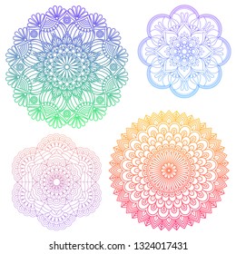 Set of round gradient mandala on white isolated background. Vector hipster mandala in green, red, blue, violet and pink colors. Mandala with floral patterns. Yoga template. - Vector