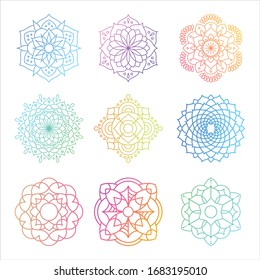 Set of round gradient mandala on white isolated background. Mandala with floral patterns. Yoga template.