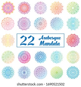 Set of round gradient mandala on white isolated background. Vector hipster mandala in green, red, blue, violet and pink colors. Mandala with floral patterns. Yoga template.