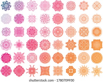 Set of round gradient mandala on white isolated background. Vector hipster mandala in green, red, blue, violet and pink colors. Mandala with floral patterns. Yoga template. 