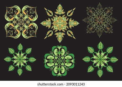 Set of round gradient mandala on black background. Vector hipster mandala in green, red, blue, violet and pink colors. Mandala with floral patterns. Yoga template.