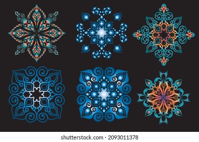 Set of round gradient mandala on black background. Vector hipster mandala in green, red, blue, violet and pink colors. Mandala with floral patterns. Yoga template.