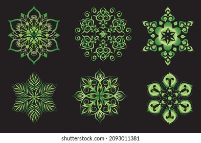 Set of round gradient mandala on black background. Vector hipster mandala in green, red, blue, violet and pink colors. Mandala with floral patterns. Yoga template.